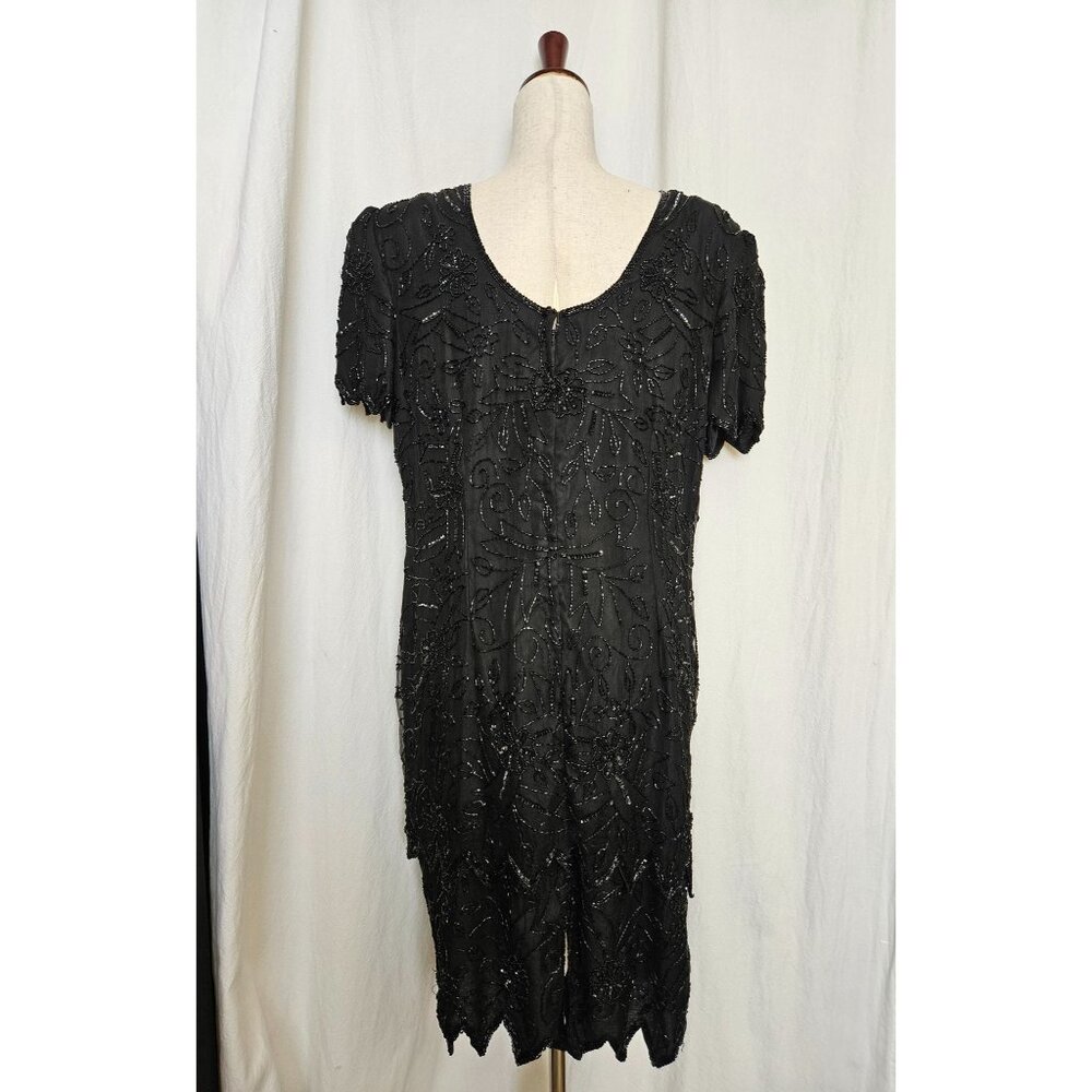 Stenay Black Silk Beaded Layered Art Deco Cocktail Party Dress